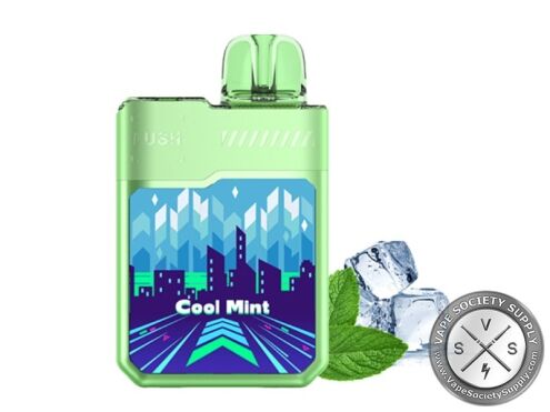 Geek Bar LUSH 20K Cool Mint disposable vape in green, next to ice cubes and mint leaves