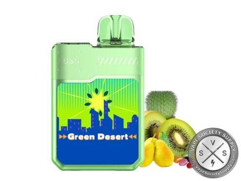Geek Bar LUSH 20K Green Desert disposable vape in green, next to kiwis, a cactus and yellow fruit