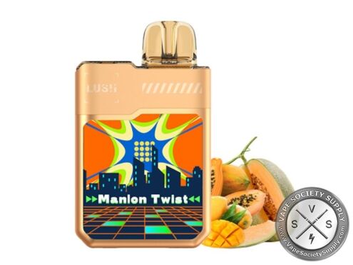 Geek Bar LUSH 20K Manalon Twist disposable vape in orange, next to melon, papaya and mango