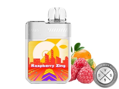 Geek Bar LUSH 20K Raspberry Zing disposable vape in white, next to raspberries and an orange
