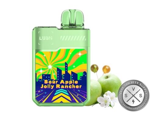 Geek Bar LUSH 20K Sour Apple Jolly Rancher disposable vape in green, next to green apples, apple blossoms and gold candies