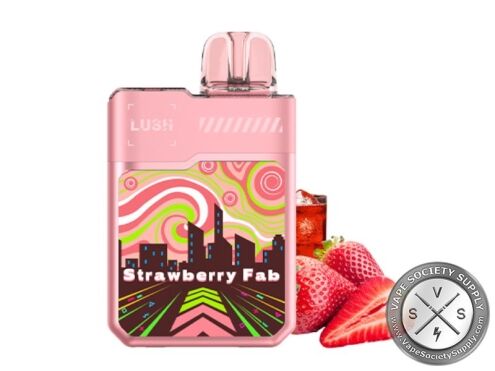 Geek Bar LUSH 20K Strawberry Fab disposable vape in pink, next to strawberries and a glass of red drink