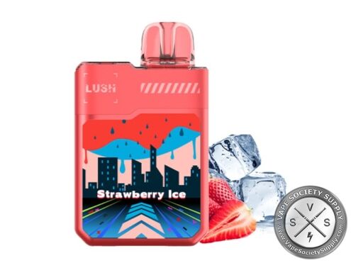 Geek Bar LUSH 20K Strawberry Ice disposable vape in red, next to strawberries and ice cubes