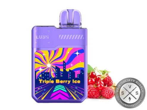 Geek Bar LUSH 20K Triple Berry Ice disposable vape in purple, next to raspberries and red currants