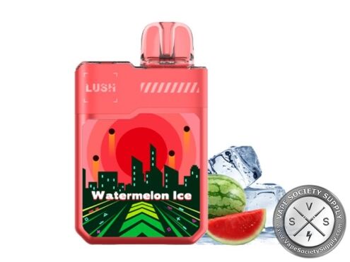 Geek Bar LUSH 20K Watermelon Ice disposable vape in red, next to watermelon slices and ice cubes