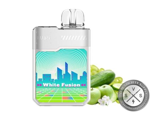 Geek Bar LUSH 20K White Fusion disposable vape in white, next to green grapes, cucumbers, green apples and white blossoms