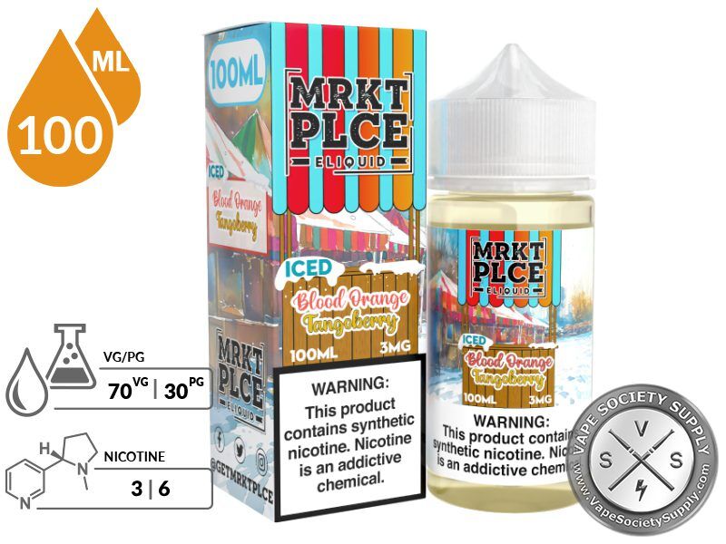 Iced Blood Orange Tangoberry by MRKT PLCE 100ml bottle and box with a 70/30 VG/PG icon and nicotine strength icons