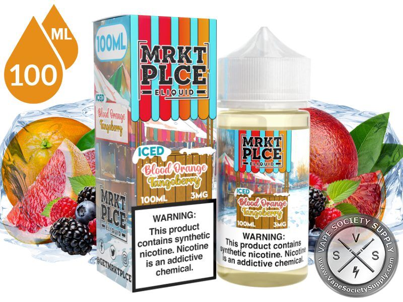 Iced Blood Orange Tangoberry by MRKT PLCE 100ml bottle and box with blood oranges, grapefruit and mixed berries with blocks of ice