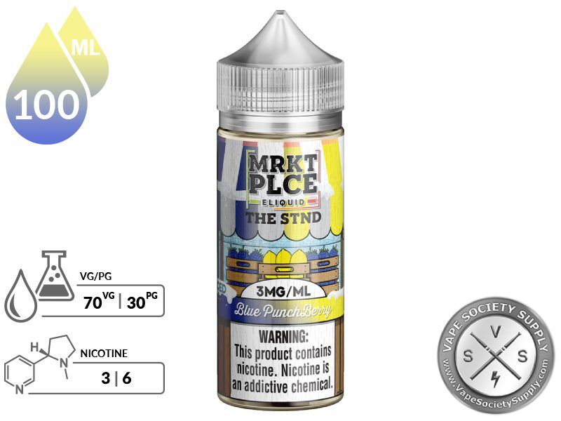 Iced Blue Punchberry THE STND by MRKT PLCE 100ml bottle with a 70/30 VG/PG icon and nicotine strength icons