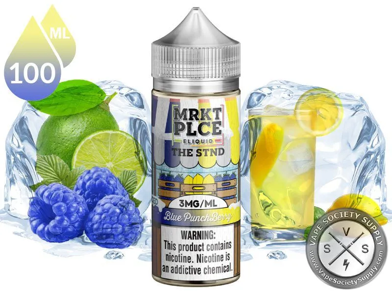Iced Blue Punchberry THE STND by MRKT PLCE 100ml bottle with limes, blue raspberries and a glass of lemonade with blocks of ice