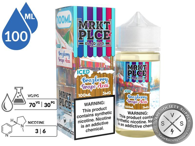 Iced Brazberry Grape Acai by MRKT PLCE 100ml bottle and box with a 70/30 VG/PG icon and nicotine strength icons
