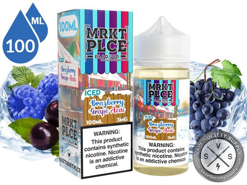 Iced Brazberry Grape Acai by MRKT PLCE 100ml bottle and box with blue raspberries, dark berries and purple grapes with blocks of ice