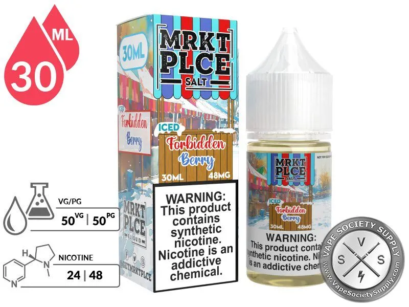 Iced Forbidden Berry by MRKT PLCE Salt 30ml bottle and box with a 50/50 VG/PG icon and nicotine strength icons