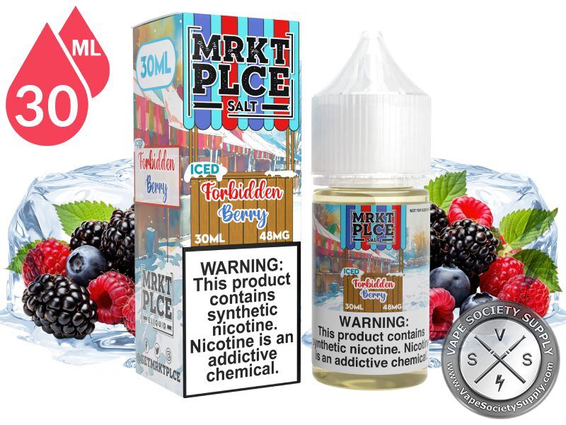 Iced Forbidden Berry by MRKT PLCE Salt 30ml bottle and box with mixed berries with blocks of ice