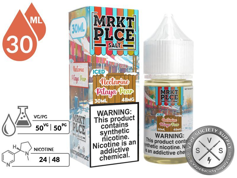 Iced Nectarine Pitaya Pear by MRKT PLCE Salt 30ml bottle and box with a 50/50 VG/PG icon and nicotine strength icons