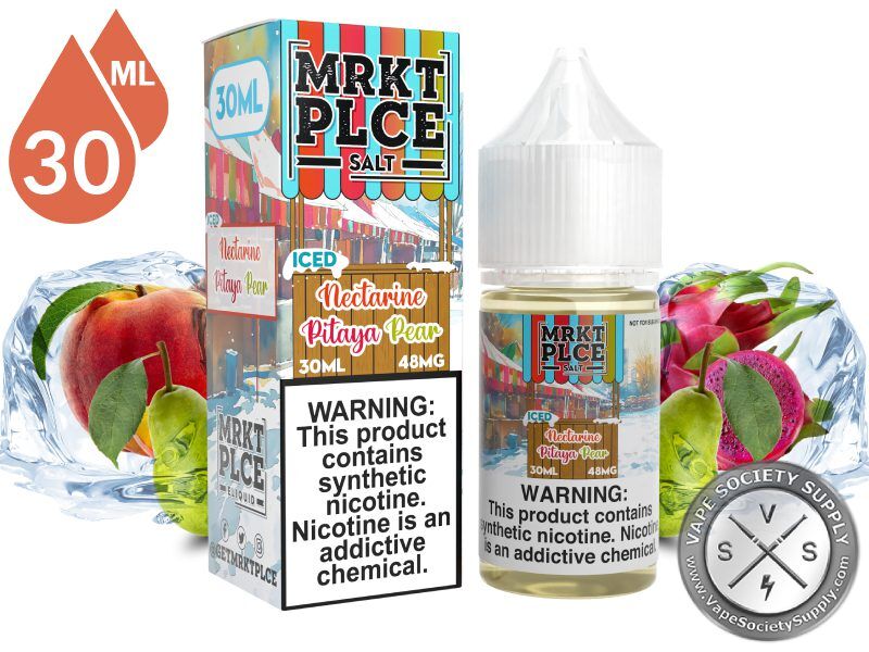 Iced Nectarine Pitaya Pear by MRKT PLCE Salt 30ml bottle and box with a nectarine, a pear and dragon fruit with blocks of ice