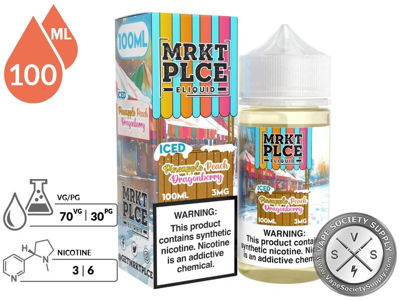 Iced Pineapple Peach Dragonberry by MRKT PLCE 100ml bottle and box with a 70/30 VG/PG icon and nicotine strength icons