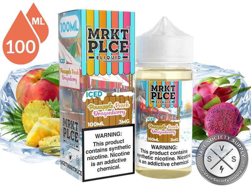 Iced Pineapple Peach Dragonberry by MRKT PLCE 100ml bottle and box with a peach, pineapple chunks and dragon fruit with blocks of ice