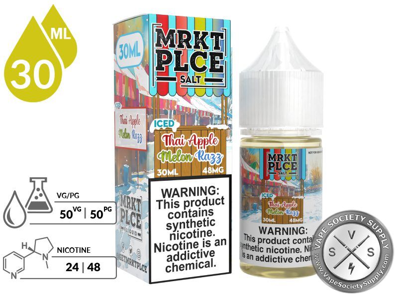 Iced Thai Apple Melon Razz by MRKT PLCE Salt 30ml bottle and box with a 50/50 VG/PG icon and nicotine strength icons