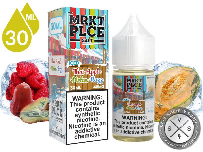 Iced Thai Apple Melon Razz by MRKT PLCE Salt 30ml bottle and box with Thai apples, raspberries and cantaloupe with blocks of ice