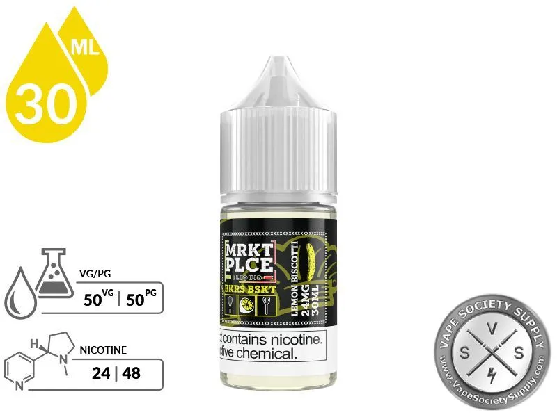 Lemon Biscotti BKRS BSKT by MRKT PLCE Salt 30ml bottle with a 50/50 VG/PG icon and nicotine strength icons