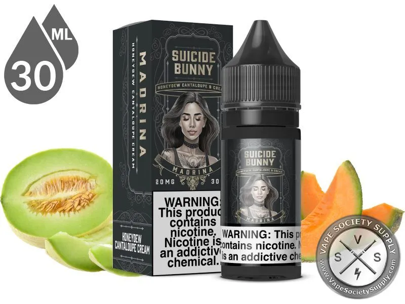 Madrina by Suicide Bunny Salt 30ml bottle and box with a honeydew melon and cantaloupe slices