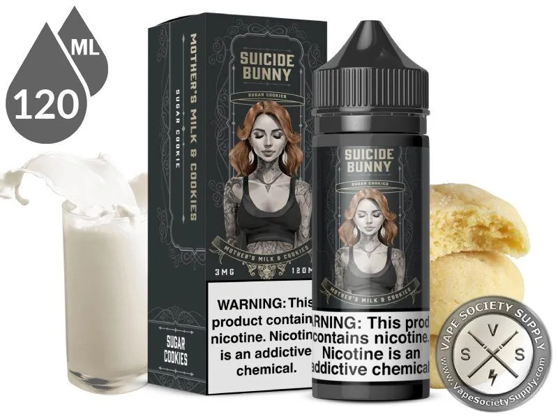 Mother's Milk & Cookies by Suicide Bunny 120ml bottle and box with a glass of milk and sugar cookies