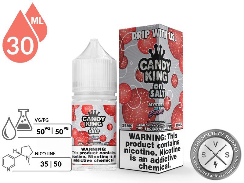 Mystery Air Balloons Candy King On Salt 30ml bottle and box with a 50/50 VG/PG icon and nicotine strength icons