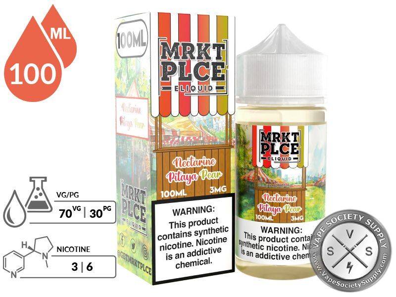 Nectarine Pitaya Pear by MRKT PLCE 100ml bottle and box with a 70/30 VG/PG icon and nicotine strength icons