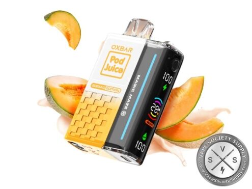 OXBAR x Pod Juice Magic Maze 2.0 Big Melons (Leo) disposable vape with cantaloupe slices