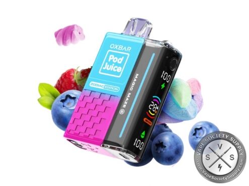 OXBAR x Pod Juice Magic Maze 2.0 Blue Razz Cotton Clouds (Gemini II) disposable vape with blueberries, strawberries and cotton candy