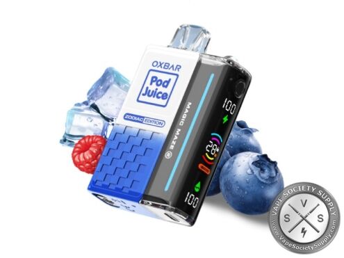 OXBAR x Pod Juice Magic Maze 2.0 Blue Slushy Ice (Aquarius) disposable vape with blueberries, a raspberry and ice cubes