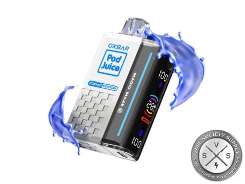 OXBAR x Pod Juice Magic Maze 2.0 Clear Blue (Cancer II) disposable vape with a blue splash