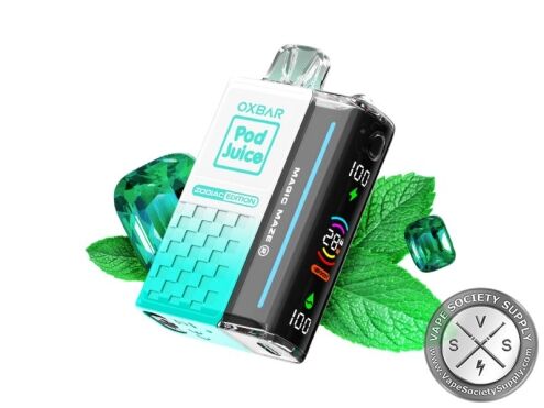 OXBAR x Pod Juice Magic Maze 2.0 Clear Emerald (Scorpio II) disposable vape with mint leaves and green gems