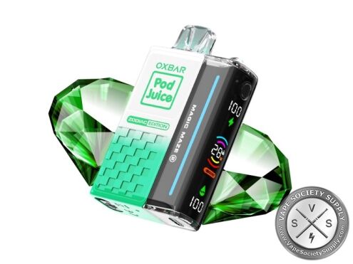 OXBAR x Pod Juice Magic Maze 2.0 Clear Jewel (Virgo II) disposable vape with a green gem