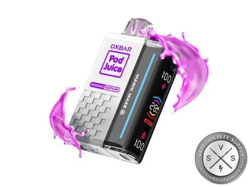 OXBAR x Pod Juice Magic Maze 2.0 Clear Pink (Libra II) disposable vape with a pink splash