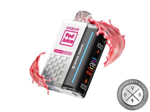 OXBAR x Pod Juice Magic Maze 2.0 Clear Red (Aries II) disposable vape with a red splash