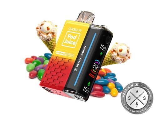 OXBAR x Pod Juice Magic Maze 2.0 Fruity Pebz (Gemini) disposable vape with fruity candies and ice cream cones