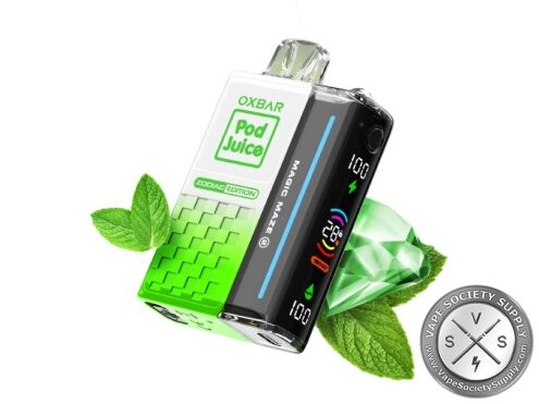 OXBAR x Pod Juice Magic Maze 2.0 Jewel Mint (Taurus) disposable vape with mint leaves and a green gem