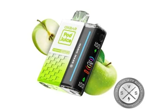 OXBAR x Pod Juice Magic Maze 2.0 Sour Apple Skittlz (Scorpio) disposable vape with green apples