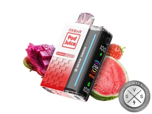 OXBAR x Pod Juice Magic Maze 2.0 Strawberry Watermelon DragonFruit (Aries) disposable vape with dragon fruit, a strawberry and watermelon