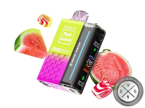 OXBAR x Pod Juice Magic Maze 2.0 Watermelon Skitz (Sagittarius) disposable vape with watermelon and swirl candy