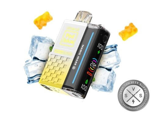 OXBAR x Pod Juice Magic Maze 2.0 White Gummy Ice (Cancer) disposable vape with gummy bears and ice cubes