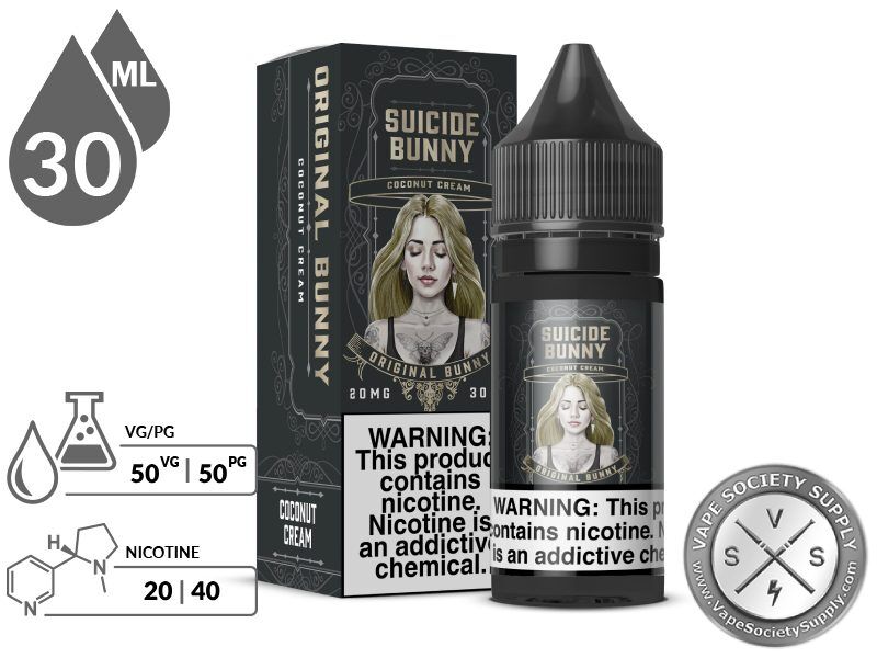 Original Bunny by Suicide Bunny Salt 30ml bottle and box with a 50/50 VG/PG icon and nicotine strength icons