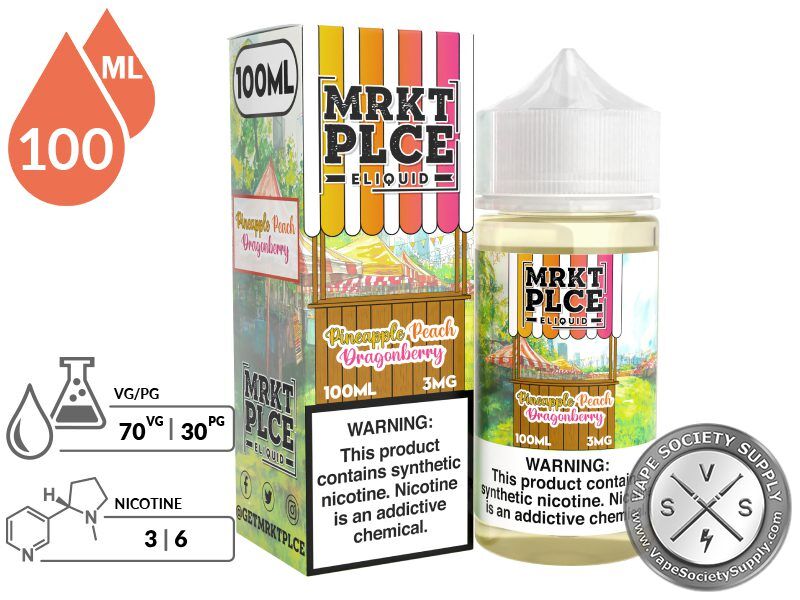 Pineapple Peach Dragonberry by MRKT PLCE 100ml bottle and box with a 70/30 VG/PG icon and nicotine strength icons