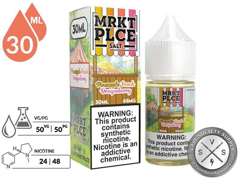 Pineapple Peach Dragonberry by MRKT PLCE Salt 30ml bottle and box with a 50/50 VG/PG icon and nicotine strength icons