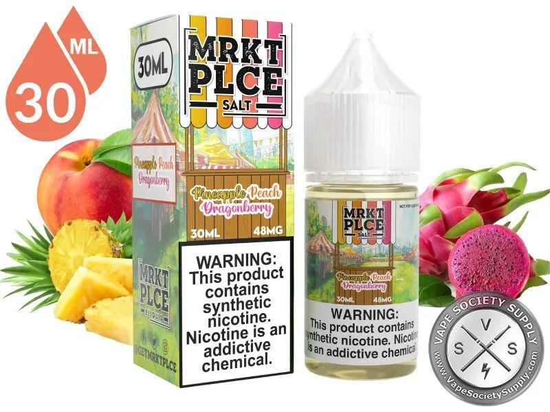 Pineapple Peach Dragonberry by MRKT PLCE Salt 30ml bottle and box with a peach, pineapple chunks and dragon fruit