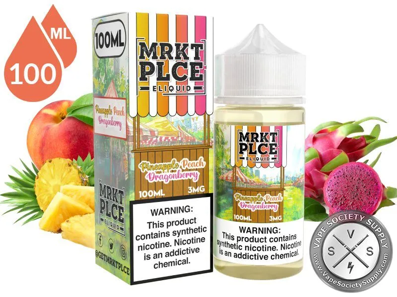 Pineapple Peach Dragonberry by MRKT PLCE 100ml bottle and box with a peach, pineapple chunks and dragon fruit