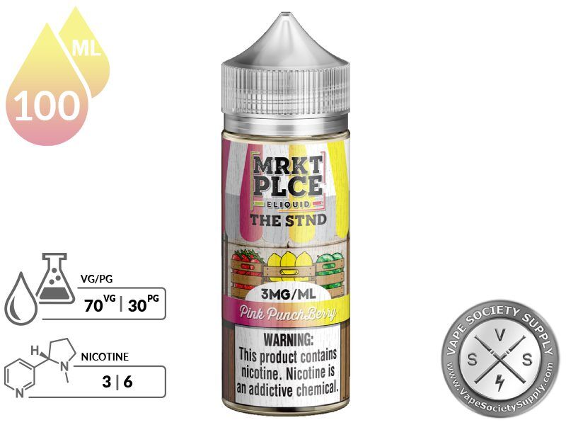 Pink Punchberry THE STND by MRKT PLCE 100ml bottle with a 70/30 VG/PG icon and nicotine strength icons