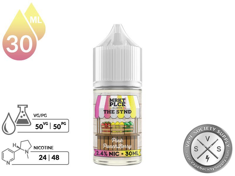 Pink Punchberry THE STND by MRKT PLCE Salt 30ml bottle with a 50/50 VG/PG icon and nicotine strength icons